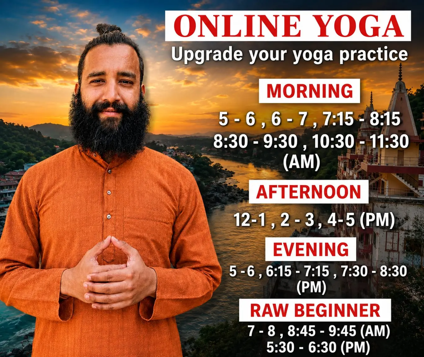 Online yoga batch timings — morning, afternoon, evening and raw beginner slots
