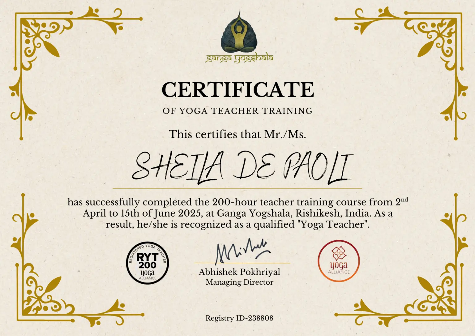 Sample Ganga Yogshala RYS-200 Yoga Alliance certificate