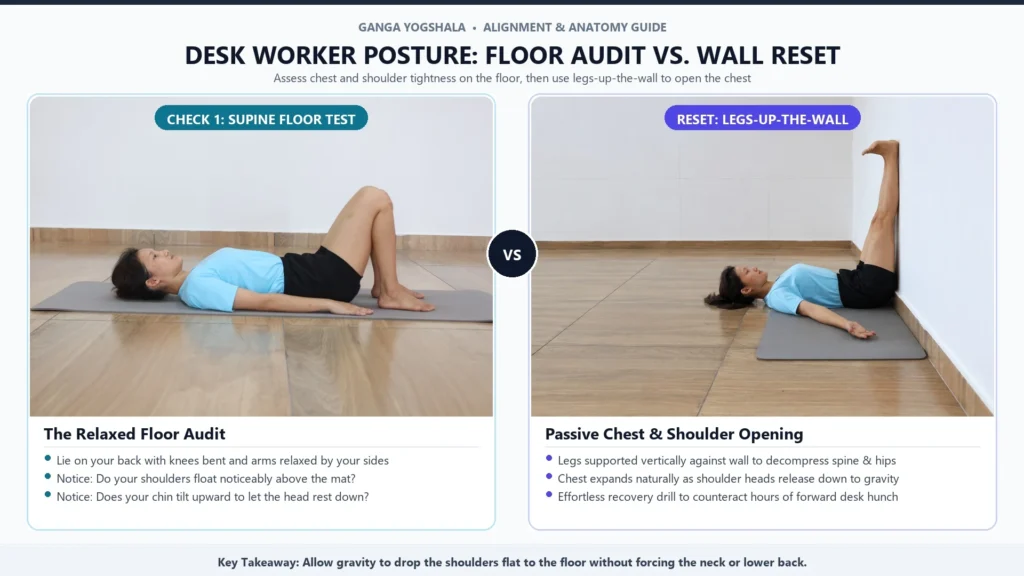 Female yoga practitioner lying flat on yoga mat performing supine shoulder floor audit