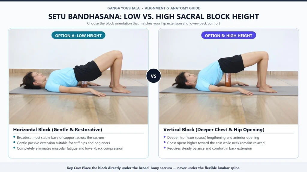 Side-by-side yoga block comparison showing low block sacral height versus high block thoracic opening in bridge pose