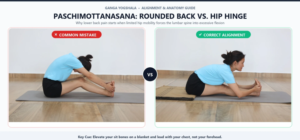 Yoga posture comparison showing rounded lumbar spine mistake versus correct anterior pelvic tilt hip hinge