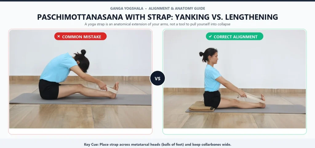 Yoga strap comparison showing incorrect forceful pulling versus correct upright spinal lengthening