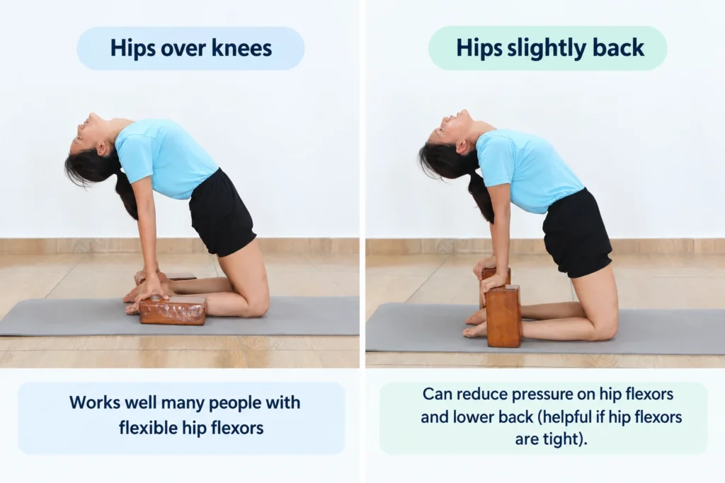 Comparison of two kneeling yoga backbend variations: hips over knees for people with flexible hip flexors and hips slightly back to help reduce pressure on the hip flexors and lower back.